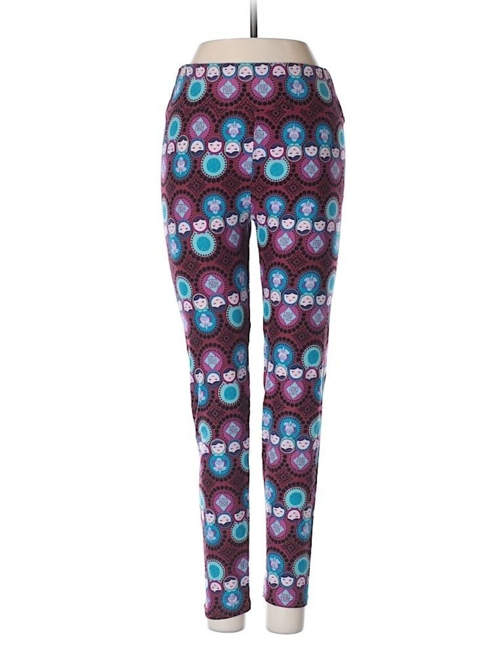 Lularoe Women Burgundy Black Blue Russian Nesting Dolls Print Leggings Size OS